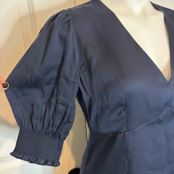 Quince Navy Blue Washable Silk V-neck Puff Short Sleeve Mini Dress S - Picture 4 of 12